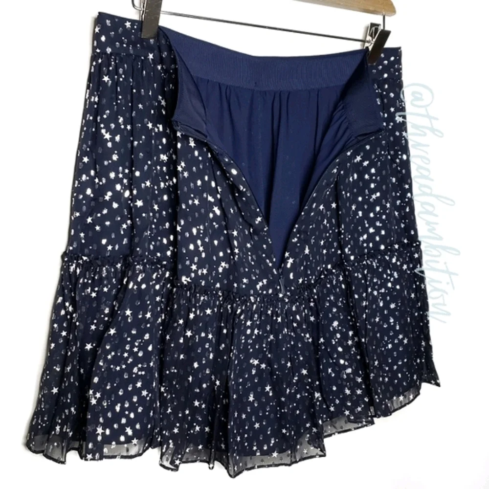 Kate Spade Night Sky Navy Silver Star Ruffle Tiered Silk Mini Skirt NWT Sz 10